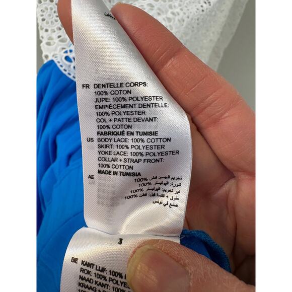 Sandro Paris Sz 6 US 36 FR Maca Eyelet Lace Pleated Skirt Midi Dress White Blue - Picture 9 of 12